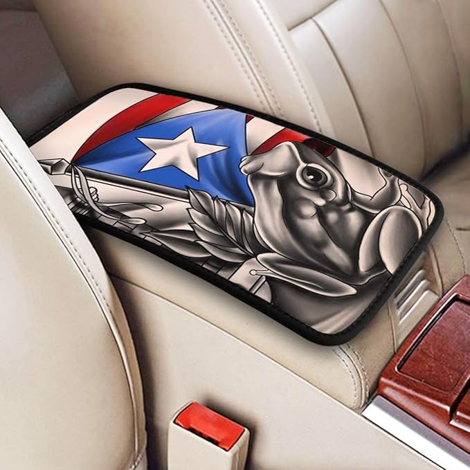 Puerto Rico Rican Flag Frog Car Handrail Box Cushion Auto Center Console Cover Car Center Console Cushion Pad Waterproof Car Armrest Seat Box Cover Fit for Car Truck Rv SUV, Black