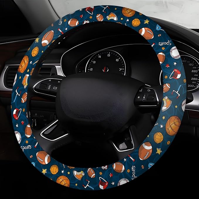 Car Steering Wheel Cover, Universal 15 Inch Neoprene Non-Slip Steering Wheel Covers, Funny Car Accessories for Women Men Fit Auto, Suvs, Truck Cute Blue Sport Balls