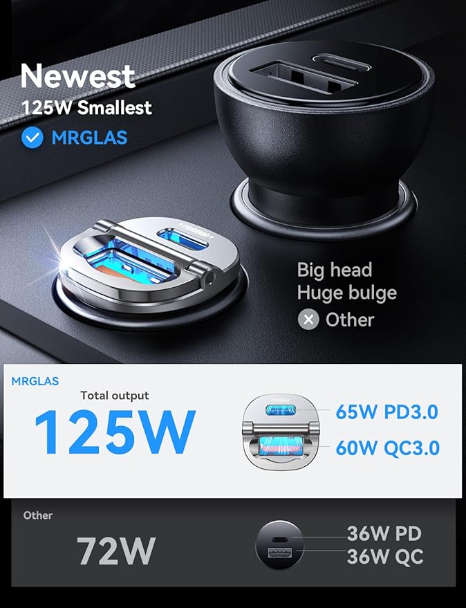 MRGLAS 125W USB C Car Charger, [Mini & Metal] USB C Car Charger Adapter Fast Charging PD65W & QC60W Dual Port Type C Cigarette Lighter USB Charger for iPhone 16 15 Pro Max S25 MacBook-Silver Gray