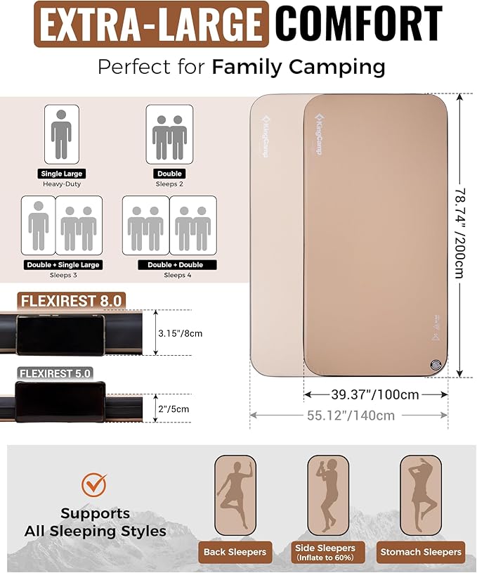 KingCamp FLEXIREST 8.0 Inflatable Sleeping Pad for Camping, High-Support Drop Stitch Camping Mattress with 1100lbs Capacity, PVC-Free Camping Mat for Tent Car Glamping Outdoor Travel, 79 * 40 * 3.15
