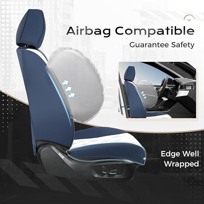 Coverado Car Seat Covers Full Set, Seat Covers for Cars, Waterproof Leather Automotive Seat Cover, Universal Car Interior Protectors Cushion for Most Cars Blue_White