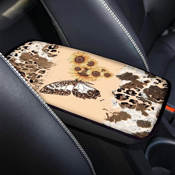 Suobstales Butterfly Sunflower Leopard Cow Print Car Armrest Pad Soft Center Console Arm Rest Protector Cover Universal Car Interior Accessories Decoration