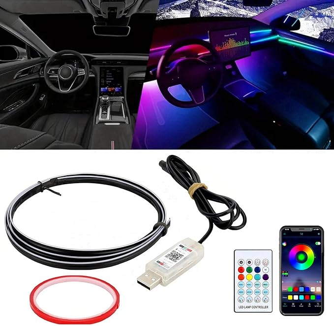 Interior Car Ambient Lighting Kit, 43.3 Inches RGB USB LED Ultrathin Acrylic Strip Lights Neon Accessories for Cars Truck SUV Center Console Dashboard with APP&Remote Control