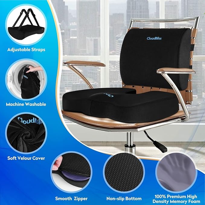 CloudBliss Lumbar Support Pillow & Seat Cushion Set for Office Chair, Desk Chair, Wheelchair & Car–Memory Foam Back Support,Ergonomic Chair Cushions,Sciatica Pain Relief,Home Essentials(Black,XL)