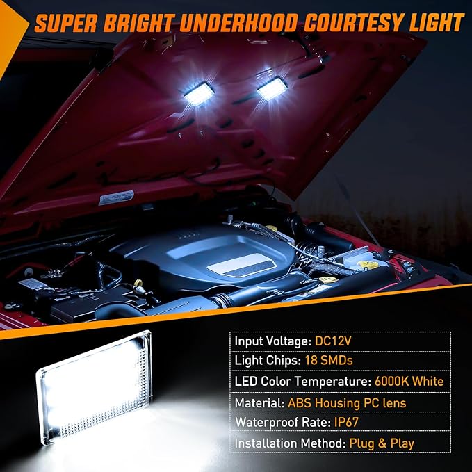 Nilight Under Hood Courtesy Light White Beam Plug and Play Compatible with 1998-2010 Dodge Ram 1500 2500 3500, 2006-2019 Dakota Charger, 1998-2001 Wrangler Grand Cherokee
