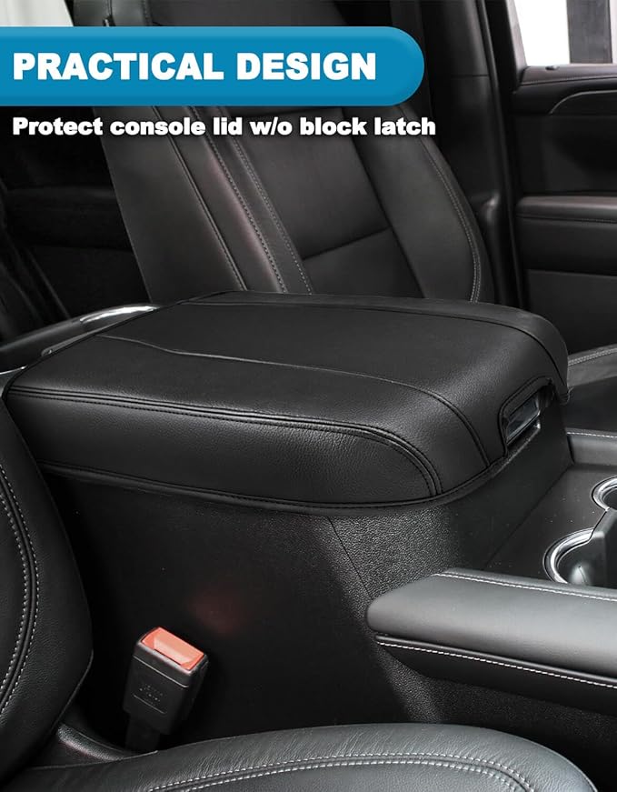 Center Console Armrest Cover for Chevy Silverado & GMC Sierra 2019-2026, Yukon & Tahoe & Suburban 2021-2026, Floor Console Bucket Seat Only, Vinyl Middle Console Cover, Scratchproof, Black