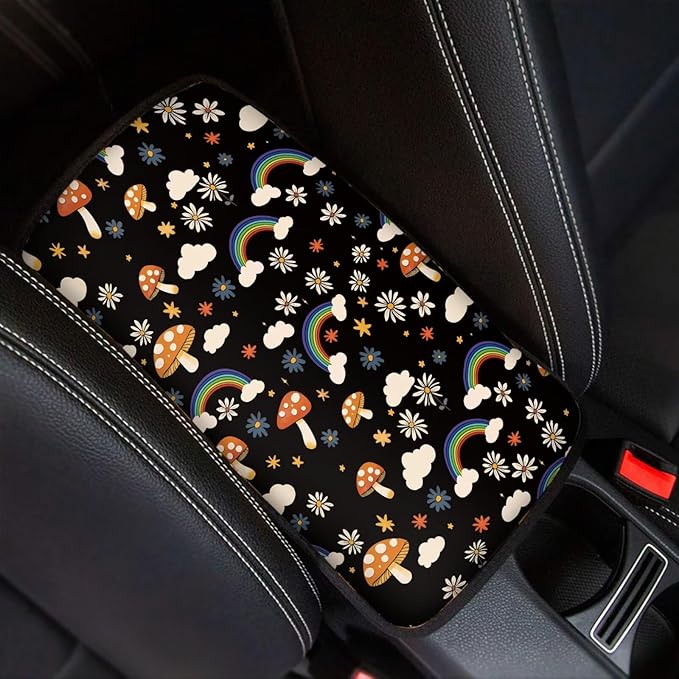 UNICEU Mushroom Rainbow Print Car Center Console Armrest Cushion Pad Auto Interior Decor Accessories Neoprene Armrest Box Protector Cover