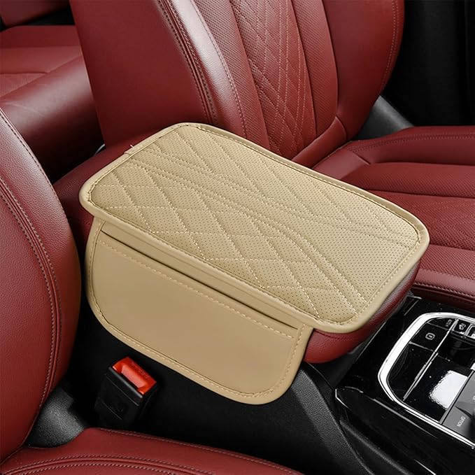 Car Center Console Cover, Leather Vehicle Armrest Box Pad with 2 Storage Bags, Automotive Interior Arm Rest Cushion Protector Accessories, Universal for SUV Sedan Truck (Beige)