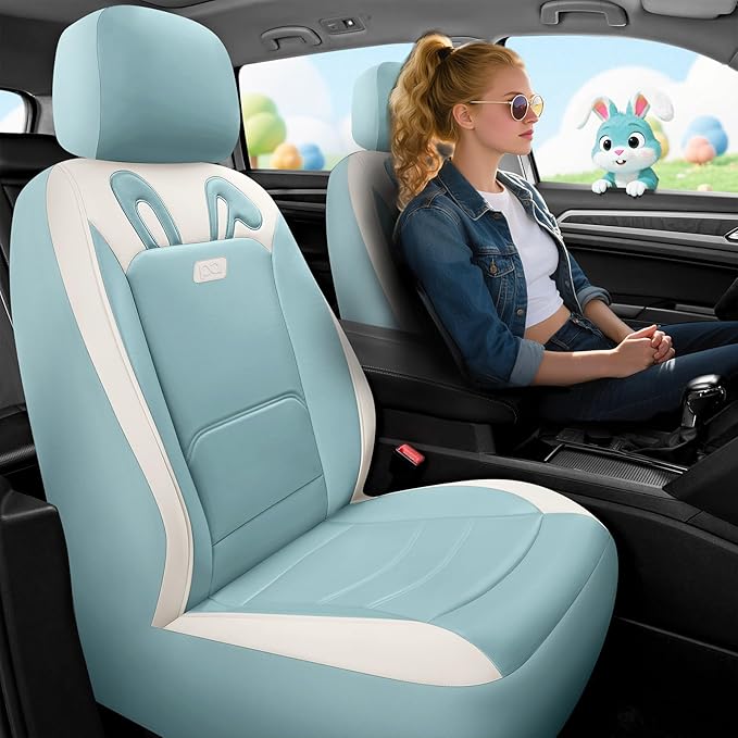 PIC AUTO Car Seat Covers, Cute Rabbit Premium Blue Leather Seat Covers, Universal Fit Front Seat Covers for Cars, Trucks, SUVs, Soft & Wear-Resistant Auto Interior Protection with Airbag-Compatible