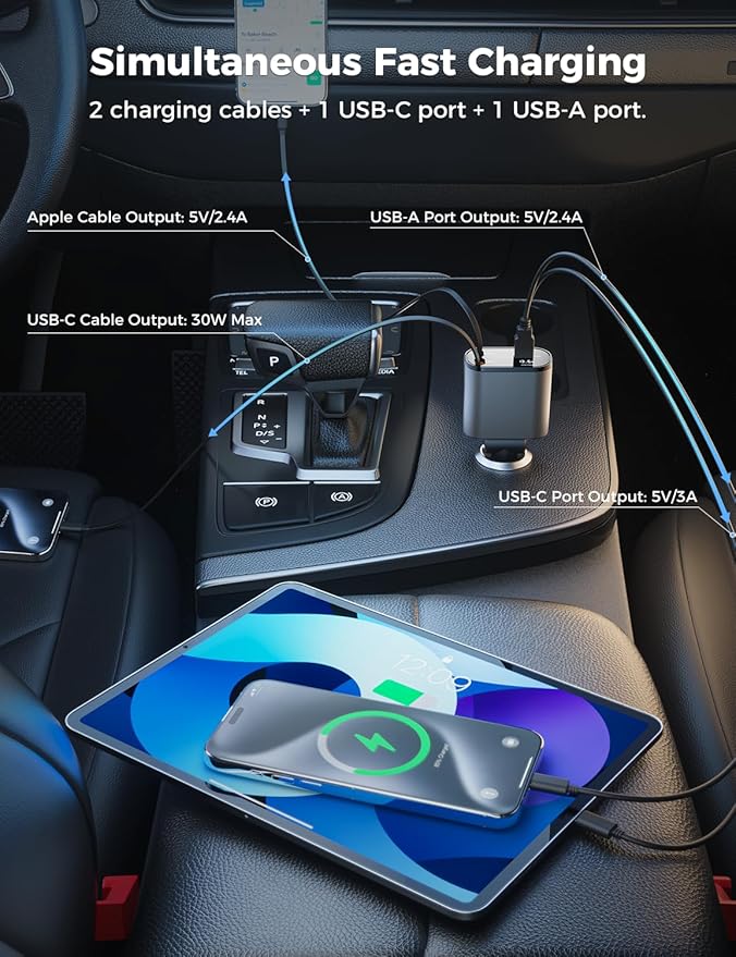 SUPERONE 【Upgraded】 Retractable Car Charger 4 in 1, Fast Car Phone Charger with Cord 2.6ft, USB C and Apple Car Charger Adapter, Compatible with iPhone 17 16 15/15 Pro Max/14/13/12/11, Galaxy, Pixel