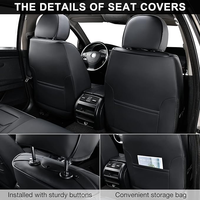 Black Car Seat Covers Front Pair, Breathable Leather Automotive Front Seat Covers & Headrest for Comfortable Driving, Universal Auto Interior Fit for Most Kinds of Vehicles, SUV, Sedans