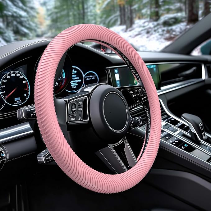 WOCOCN Car Steering Wheel Cover, Thin Anti-Skid Silicone Steering Wheel Cover for Men & Women, Universal Automotive Interior Accessories for Most Cars (Pink)