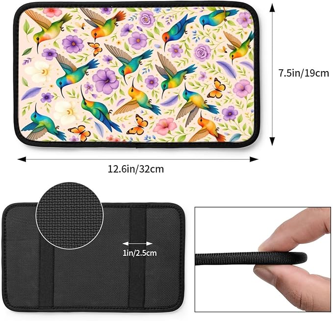 Hummingbird Floral Car Handrail Box Cushion Armrest Cover Auto Center Console Pad Car Decor 12.6X7.5 in