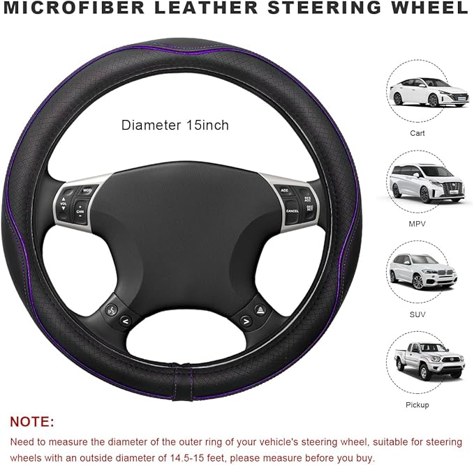 Car Steering Wheel Cover, 15 Inch Anti-Slip Breathable Leather Auto Steering Wheel Protector, Full Surround Soft Steering Wheel Cover for Men Women, Car Interior Accessories (Black & Purple)