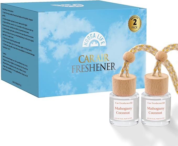 HoogaLife Car Air Freshener Diffuser 2 Pack Hanging Mahogany Coconut Car Air Freshener for Women 45+ Days Long Lasting Fragrance Made in USA (M32)
