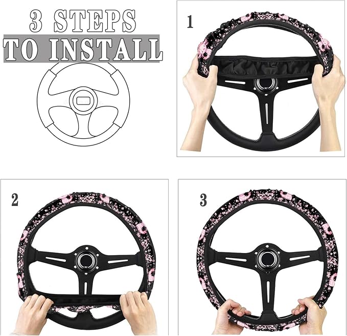 AFPANQZ Cartoon Axolotl Cherry Blossom Car Steering Wheel Cover Non-Slip Rubber Steering Wheel Covers Warm Breathable Steering Wheel Covers Sweat Absorption Car Steering Wheel Covers 15 Inches Pink