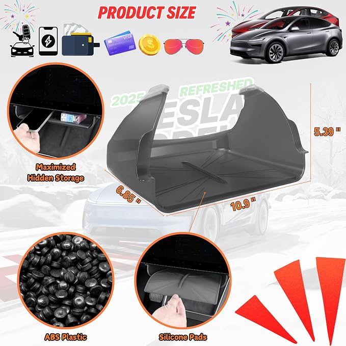 Under Screen Storage Compatible with 2025 2026 New Tesla Model Y Juniper & Model 3 Highland Center Console Organizer Tray Hidden Compartment Hanging Box Interior Accessories - ABS, Black