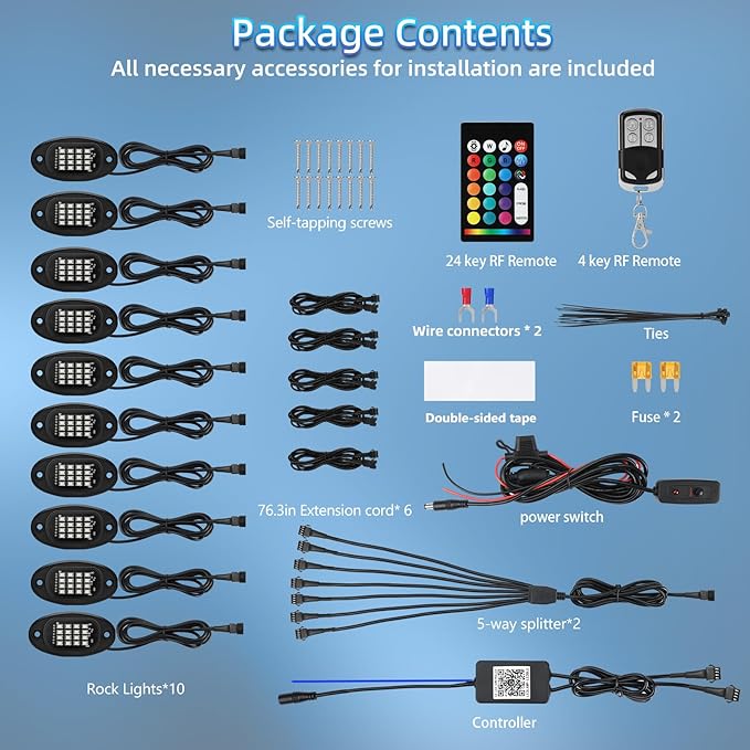 Segmented RGB LED Rock Lights Kit with APP/RF Remote Control, Multicolor 10Pods Underglow Neon Light Waterproof 12V Underbody Brake Light Fender Lights for Jeep Golf Cart Trucks Pickup ATV UTV RZR SXS