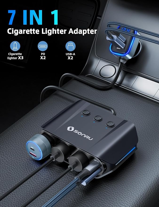 7 in 1 Cigarette Lighter Splitter, SONRU 180W (max 192W) 3-Socket Car Cigarette Lighter Adapter with Dual PD 36W/QC3.0 Fast Charging (3.7FT Cable) 12V/24V Independent Switches & LED Voltage Display