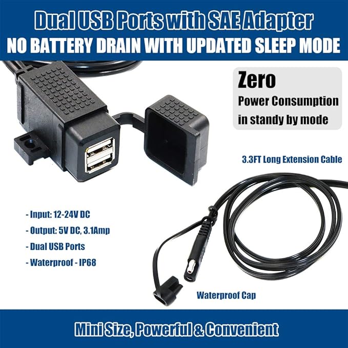 MOTOPOWER MP0609C 3.1Amp Waterproof Motorcycle Dual USB Charger Kit SAE to USB Adapter Cable Phone Tablet GPS Charger