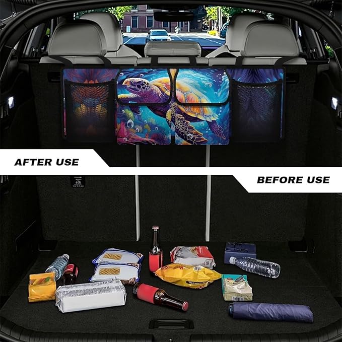 Turtle Trunk Hanging Storage Bag Underwater World Back of Seat Car Organizer Multipurpose Cargo Accessory with 3 Adjustable Buckles