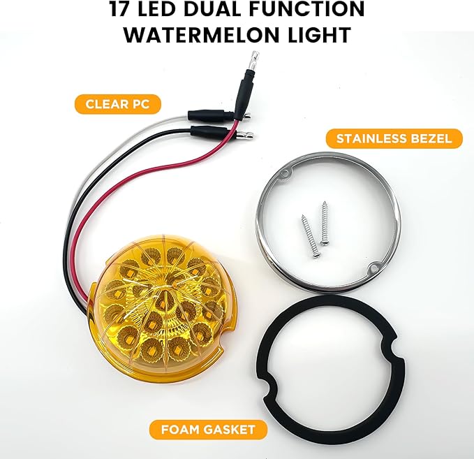 dreamdragon 2PCS Amber 17 LED Watermelon Lights with Dual Function, Stop/Turn Signal & Marker, Stainless Steel Bezel for Freightliner, Ke-nw-or-th, Peterbilt, and Heavy Trucks