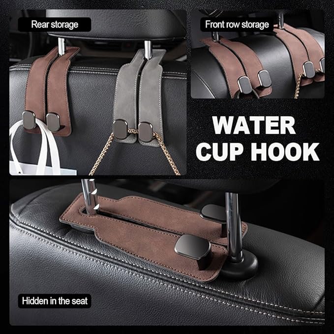 2026 New 2 in 1 Car Seat Back Storage Hook, Car Backseat Organizer Accessories, Premium Leather Headrest Hook for Auto Hooks Organizer for Handbag Purse Coat Bags (1, Black)