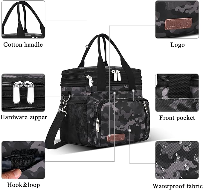 MIYCOO Lunch Bag & Lunch Box for Men Women, Double Deck Leakproof Insulated Soft Large Adult Camping Cooler bag for Work, Beach, Picnic, Travel (Black Camo, 15L)
