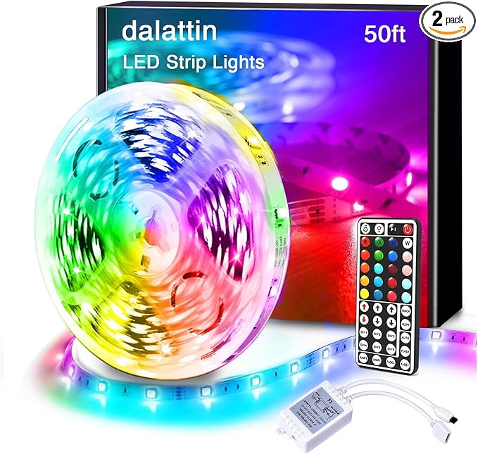 dalattin Led Lights for Bedroom 50ft, RGB 5050 Led Strip Lights Color Changing Kit with 44 Keys Remote Controller and 12V Power Supply Led Light Strips Indoor Decoration