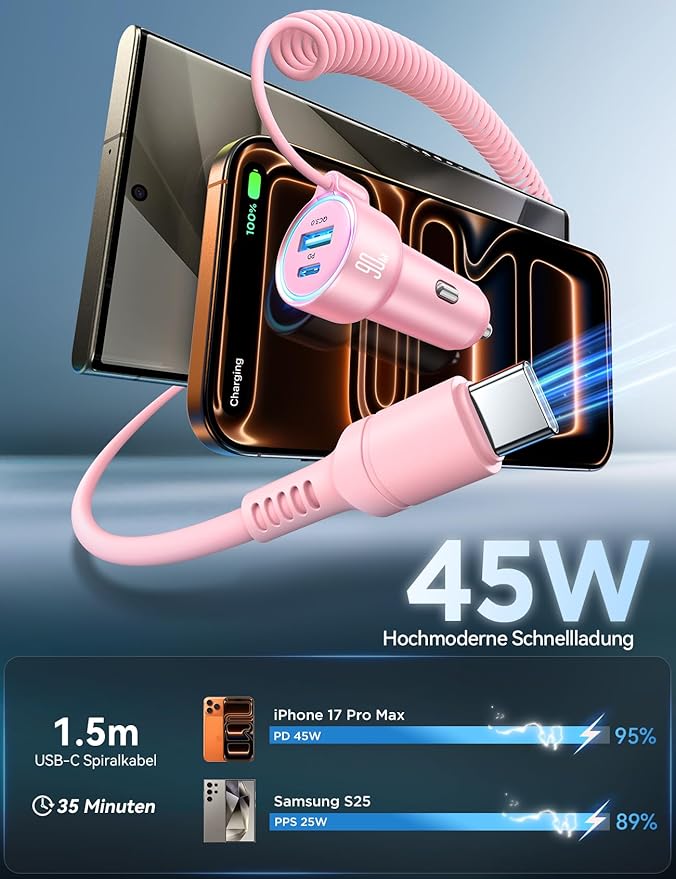 USB C 90W Car Charger for iPhone 17/16 Pro Max, PD & QC3.0 w/5 ft 45W Type C Coiled Cable, Fast Car Phone Charger Adapter for iPhone 17Air/15 Pro, Samsung Galaxy S25/S24/S23, Pixel 10/LG/Android, iPad