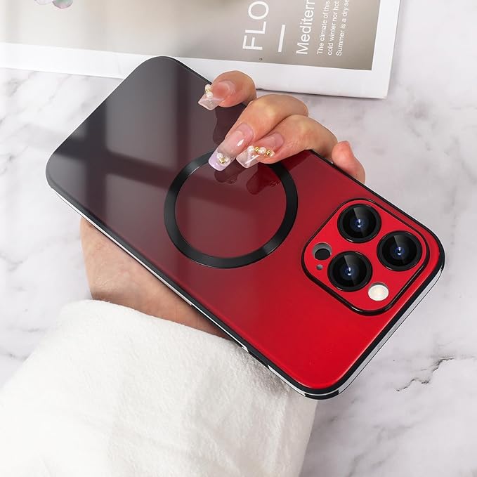 Guppy Compatible with iPhone 14 Pro with MagSafe Case, Magnetic Gradient Case with MagSafe Charging, Gradient Glass Back Cover with Lens Film-Red