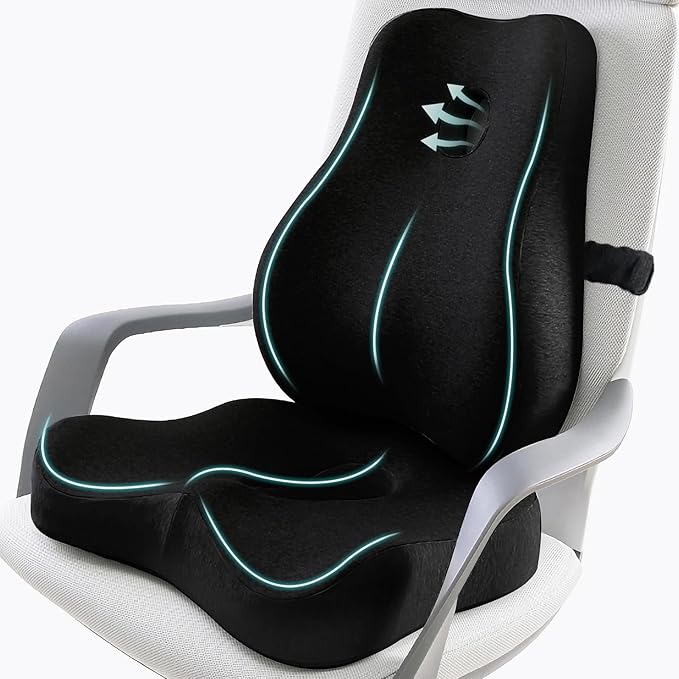Seat Cushion & Lumbar Support Pillow Set,Memory Foam Office Chair Cushion for Tailbone Pain, Non-Slip Back Support for Car,Desk,Gaming Chair,Wheelchair, Breathable & Machine Washable