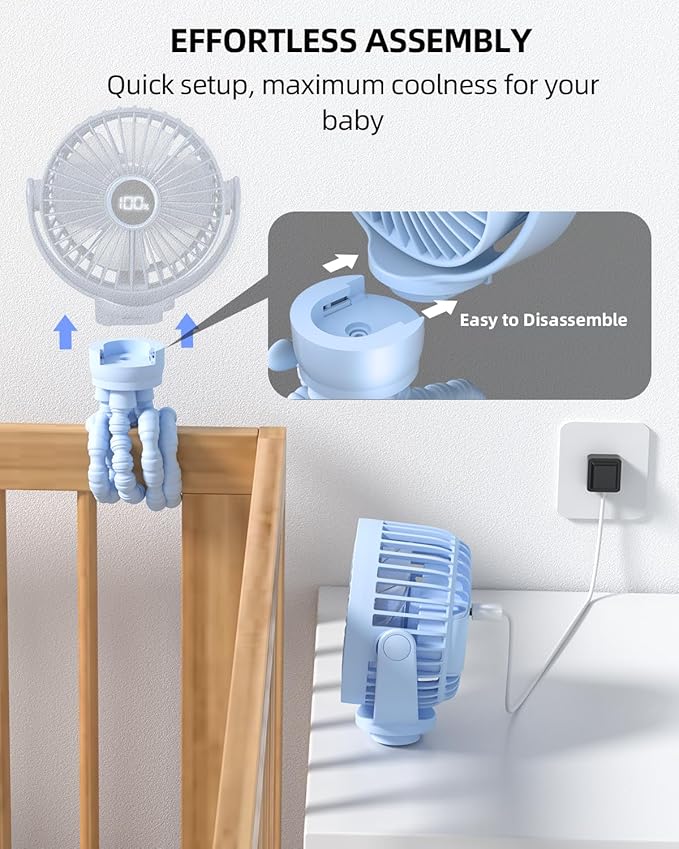 buywoo Portable Stroller Mini Fan, Small Rechargeable Personal Fan, Travel Essentials for Baby, Wagon, Car Seat, Treadmill, Battery Powered Biking Gear Accessories, 360° Rotation, 3-Speed, Display