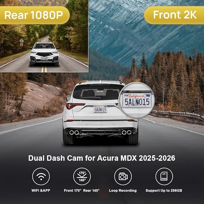 Fitcamx Front 2K+Rear 1080P Dash Cam Adapts for Acura MDX 2025 2026 Type S (HD2-D4600), Integrated OEM Look, Dual HD Video, Built-in WiFi & APP, Loop Recording, Gravity Sensor, Easy to Set, 64GB Card