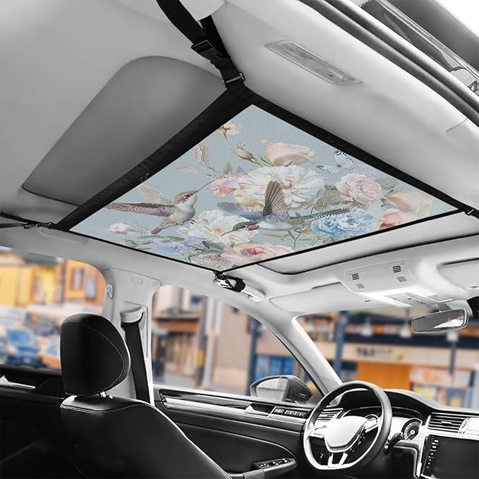 Generic Hummingbird Flowers Car Ceiling Cargo Net Storage,Sag Resistant Large Mesh Car Roof Organizer Bag with Adjustable Strap, Long Travel Road Trip Camping Essentials Accessories for Car