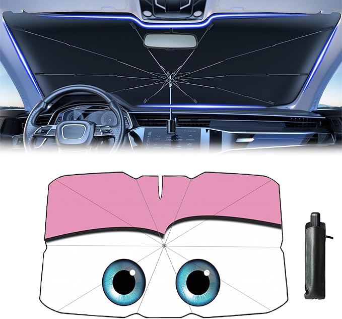 Windshield Sun Shade 2025 Car Accessories 100% Blackout Car Front Windsow Shades Umbrella Automotive Sun Visor Block Heat Insulation Protection (Pink Eyes)
