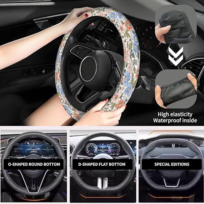 Elastic Car Steering Wheel Cover, Universal 15 inch Non-Slip Breathable Neoprene Steering Wheel Protector, Car Accessories for Women Men Fit Auto, Suvs, Truck Colorful Floral Bloom