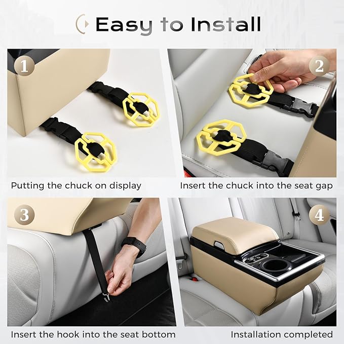 Coverado Universal Car Center Console with Wireless Charging & Cup Holder, Back Seat Organizers, Rear Bench Seat Central Armrest Box with Storage, for Most Vehicles, Easy Install, Beige