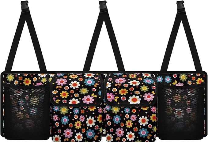 Colorful Hippie Flower Car Trunk Organizer and Storage, Large Capacity Backseat Hanging Storage with 4 Bag Car Accessories, Backseat Car Organizer Universal for Cars, Truck