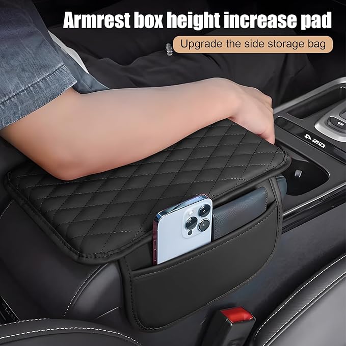Car Center Console Cover with 2 Storage Pockets, Waterproof PU Leather Car Armrest Cover Cushion, Universal Car Armrest Seat Box Pad Car Interior Accessories for Most Vehicle (Black)