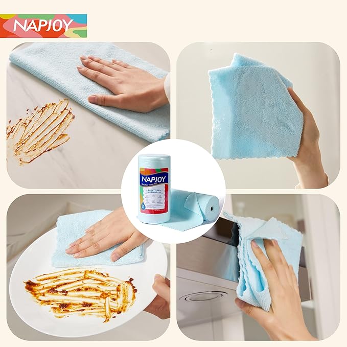 Napjoy Microfiber Cleaning Cloth Roll, 75PK Easy Tear Away Reusable Paper Towels, 12" x 12", Lint-Free and Scratch-Free with Patented Fiber Technology Microfiber Towel Roll, Blue