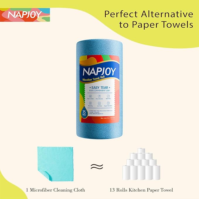 Napjoy Microfiber Cleaning Cloth Roll, 75PK Easy Tear Away Reusable Paper Towels, 12" x 12", Lint-Free and Scratch-Free with Patented Fiber Technology Microfiber Towel Roll, Blue