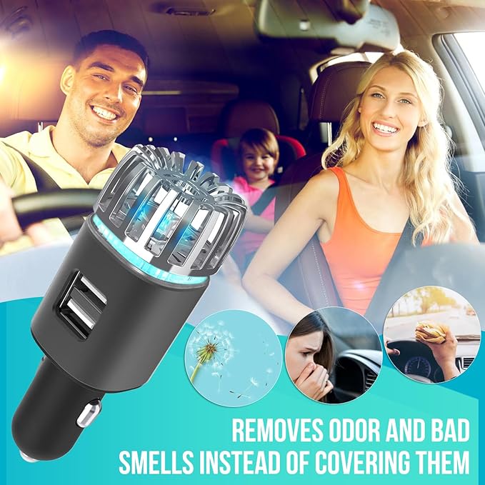 Car Air Purifier Ionizer, 12V Plug-in Car Air Freshener with Dual Fast Charge USB Car Charger, Release 5.6 Million Anion, Removes Dust, Cigarette Smoke, Bad Odors, Black