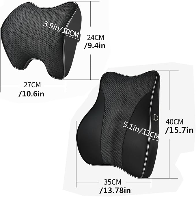 Lumbar Support and Car Neck Pillow for Office Chair and Car Seat ，Softness Memory Foam Erognomic Seat Cushion with Adjustable Strap，Comfortable Ergonomic Design (Black, Polyester)