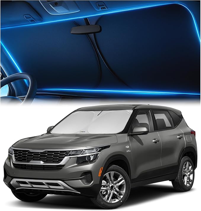 Windshield Sunshade for Kia Seltos 2021 2022 2023 2024 2025 2026 – Upgraded Double-Layer Design, Mirror Cut-Out, Blocks 99% UV Rays, Thick & Durable, Easy-Fold Kia Seltos Windshield Sun Shade