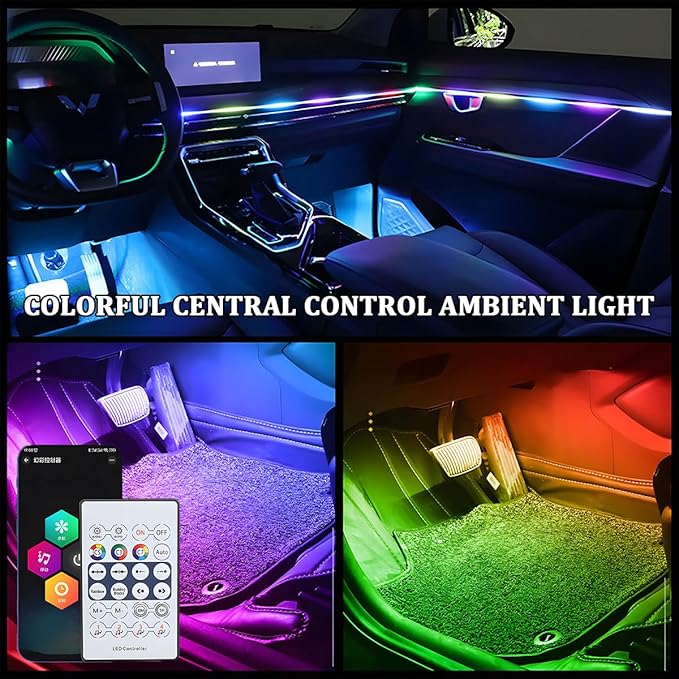 Car Interior Ambient LED Light with APP & Remote Control, 43.3" Music Mode Fiber Optic USB Powered Acrylic Atmosphere Lamp Strip, Flexible RGB Auto Inside Neon Light Kit, Universal Fit