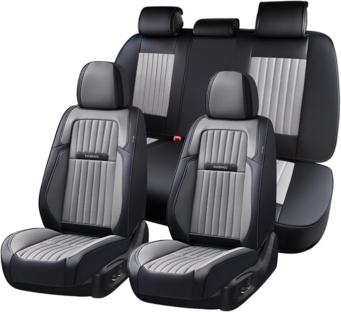 Coverado Car Seat Covers Full Set, Seat Covers for Cars, Car Seat Cover, Car Seat Protector, Leather Car Seat Cushion, Waterproof Car Seat Covers Front Seats and Back Fit for Most Cars(Black&Gray)