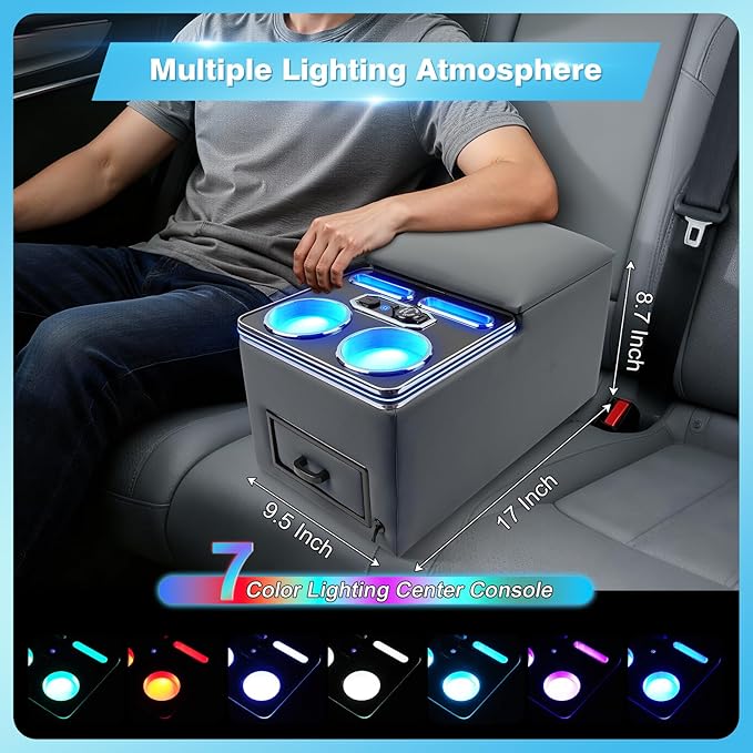 Center Console, Universal Bench Seat Center Console with Fast Phone Charging， Back Seat Car Organizer, Automotive Center Console with Cup Holder & Phone Holder (Gray)