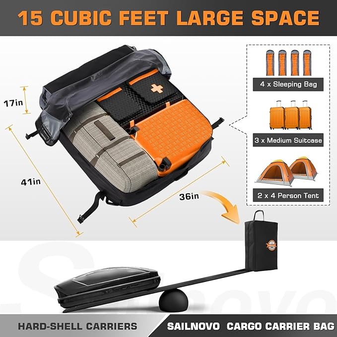 Sailnovo Car Rooftop Cargo Carrier Roof Bag 15 Cubic Feet Waterproof Car Top Carrier, Fits Most Vehicle with/Without Rack, Include Anti-Slip Mat,4 Reinforced Straps,4 Door Hooks