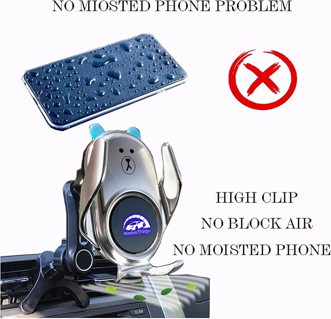 Phone Mount for Car Wireless Charger Auto Clamping with Rotatable Vent Clip Cute Bear for iPhone Samsung Andriod Phone